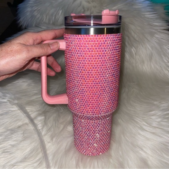 Pink Rhinestone Tumbler Stainless Steel Style 40oz with Handle New - Picture 3 of 15